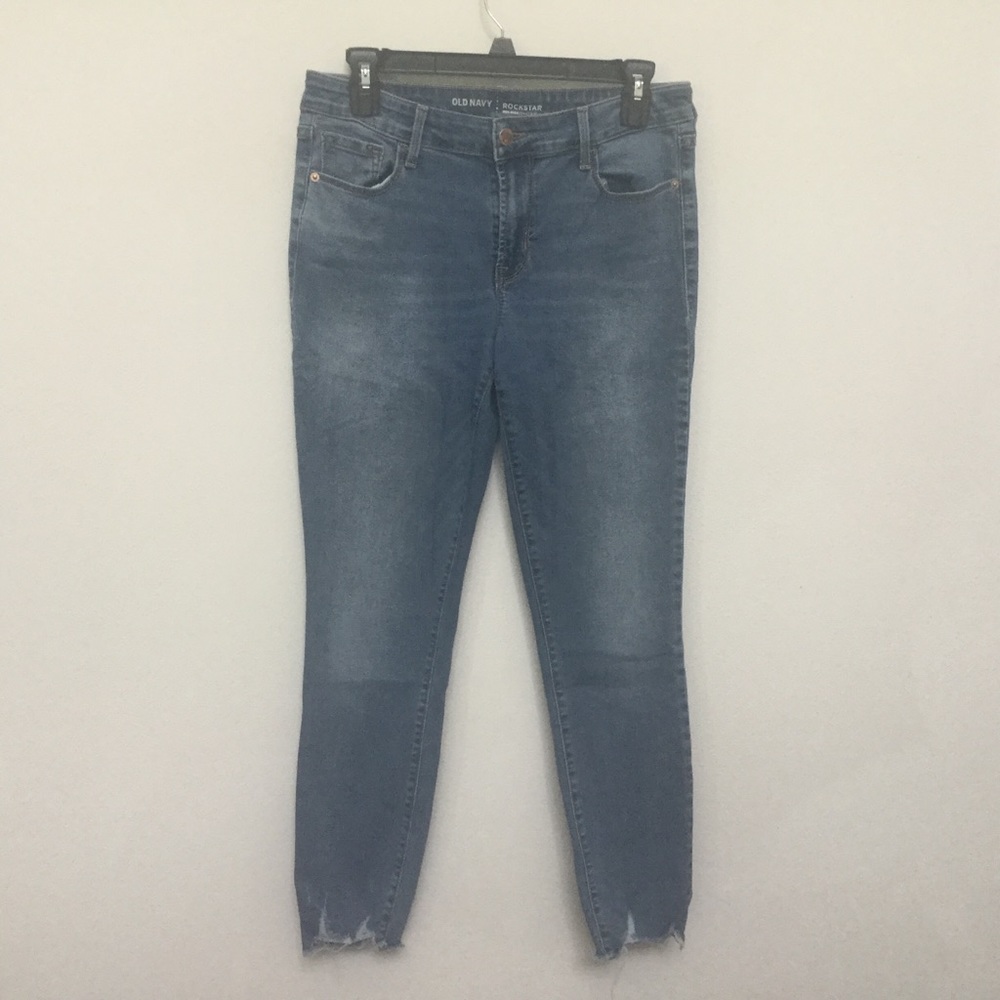 Old Navy Rockstar Mid Rise Mid Wash Raw Distressed Hem Skinny Jeans Size 8